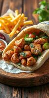 Savory grilled chicken wrap served with fries and dip on rustic wooden table photo