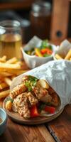 Crispy fried chicken with vegetables and fries served in a rustic dining setting at a casual restaurant photo