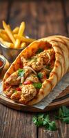 Delicious grilled chicken wrap served with crispy fries and fresh vegetables at a cozy eatery photo