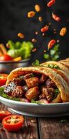 Savory meat wrap garnished with fresh vegetables in a rustic setting photo