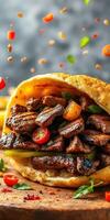 Savory grilled meat wrapped in soft flatbread with fresh vegetables and spices on a vibrant table photo