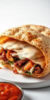 Delicious wrap filled with grilled chicken, vegetables, and cheese served with spicy sauce photo
