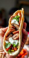 Delicious kebab wrap filled with grilled meat, fresh vegetables, and creamy sauce, held by a hand photo