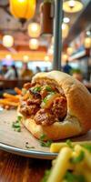 Tasty sandwich filled with chicken, sauce, and toppings enjoyed in a lively restaurant atmosphere photo
