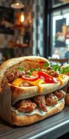 Delicious sandwich filled with grilled chicken, cheese, and fresh vegetables served in a cozy restaurant photo