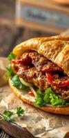 Mouthwatering sandwich filled with grilled meat, fresh vegetables, and herbs on rustic wooden background photo