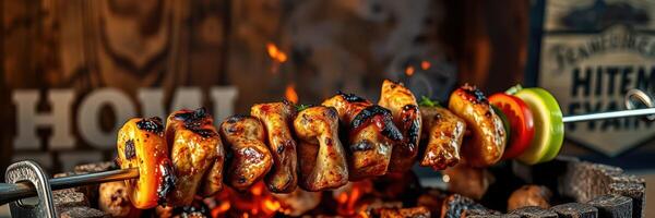 A la parrilla pollo brochetas Cocinando terminado un abierto fuego en un rústico al aire libre ajuste durante un verano parilla reunión foto