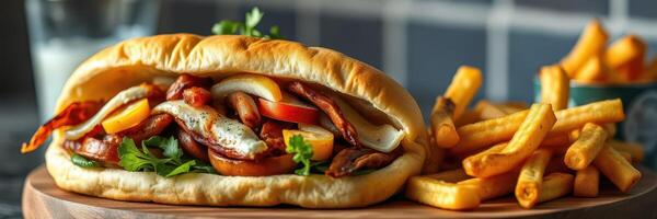 Delicious sandwich filled with grilled chicken and fresh vegetables served with crispy fries photo