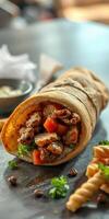 Delicious wrap filled with seasoned beef, fresh vegetables, and herbs placed on a rustic table photo