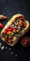 Savory snack wrap filled with crispy falafel, fresh vegetables, and tangy sauce in a warm flatbread photo