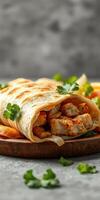 Delicious chicken wrap served on a wooden plate with fresh cilantro and lemon slices photo