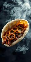 Delicious wrap filled with grilled meat and onions served against a smoky background photo