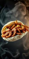 Delicious grilled chicken wrap filled with fresh ingredients against a smoky background photo