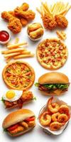 Diverse assortment of fast foods including fried chicken, pizzas, burgers, and shrimp served on a white background photo
