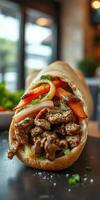 Delicious wrap filled with tender beef, fresh vegetables, and herbs in a cozy dining setting photo