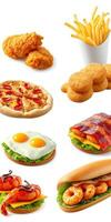 Delicious assortment of fast food dishes including pizza, fried chicken, and shrimp with sides on a white background photo