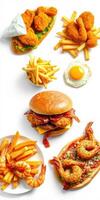 Delicious platter of fried food including chicken, shrimp, and a burger with fries served on a white background photo