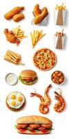 Delicious assortment of fried and fast food including chicken, fries, pizza, and seafood enjoyed at any gathering or celebration photo