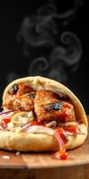 Grilled chicken wrap with fresh vegetables and sauces served on a wooden board photo