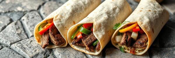 Delicious beef and vegetable wraps served on a rustic stone table with fresh ingredients photo