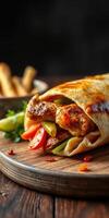 Delicious grilled chicken wrap filled with fresh vegetables served on a wooden platter with crispy snacks in the background photo