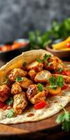 Delicious chicken tacos served on a warm tortilla with fresh vegetables and herbs for a flavorful meal experience photo