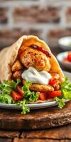Grilled chicken wrap with fresh vegetables and creamy sauce served on a rustic wooden table photo