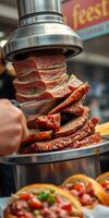 Skilled chef slicing marinated meat at a vibrant street food festival in an urban setting during the evening photo