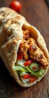 Freshly prepared wrap filled with grilled chicken, crisp lettuce, and vibrant vegetables on a wooden table photo
