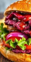 Juicy gourmet burger stacked with fresh vegetables and sauces at a local diner during lunchtime photo