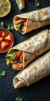 Delicious chicken wraps with fresh vegetables and homemade salsa served on a rustic table photo