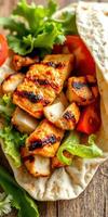 Grilled chicken wrapped in flatbread with fresh vegetables and herbs photo