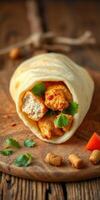 Delicious tortilla wrap filled with spicy chicken, fresh cilantro, and colorful vegetables on rustic wooden background photo