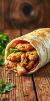 Delicious spiced chicken wrap with fresh vegetables served on rustic wooden table photo