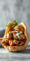 Delicious grilled chicken wrap filled with fresh ingredients and creamy sauce served on a soft pita bread for a satisfying meal photo