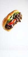 Juicy sandwich with fresh lettuce, tomatoes, onions, and seasoned meat floating against a plain background photo
