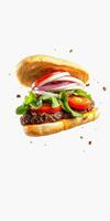 Delicious grilled hamburger with fresh vegetables and melted cheese stacked high for a mouthwatering bite photo
