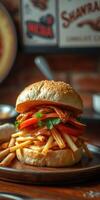 Delicious burger stacked with fries, vegetables, and herbs served in a cozy dining setting photo