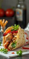 Savory chicken wrap filled with fresh vegetables and herbs ready to eat in a cozy kitchen setting photo