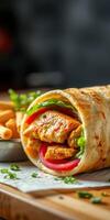 Delicious grilled chicken wrap served with crispy fries at a cozy eatery during lunch hour photo