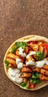 Grilled chicken wrapped in pita with vegetables and sauce prepared in a rustic kitchen setting photo