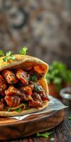 Delicious sandwich filled with marinated meat and fresh herbs served on a wooden table photo