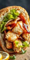 Freshly made wrap filled with grilled chicken, crisp lettuce, and tangy sauce on a rustic wooden table photo