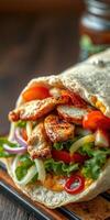 Grilled chicken wrap filled with fresh vegetables and sauces at a cozy restaurant setting photo