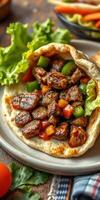Savory grilled meat wrapped in flatbread with fresh vegetables and herbs photo