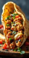 Delicious chicken wrap filled with spicy ingredients presented on a wooden board photo