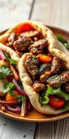 Delicious grilled meat wraps served with fresh vegetables and herbs at a casual dining table photo