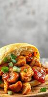 Delicious grilled chicken sandwich with fresh cilantro and diced green onions served on soft bread photo