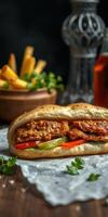 Delicious sandwich with seasoned meat, fresh vegetables, and crispy fries served in a rustic setting photo