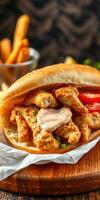 Delicious chicken sandwich served with crispy fries and creamy sauce in a cozy setting photo